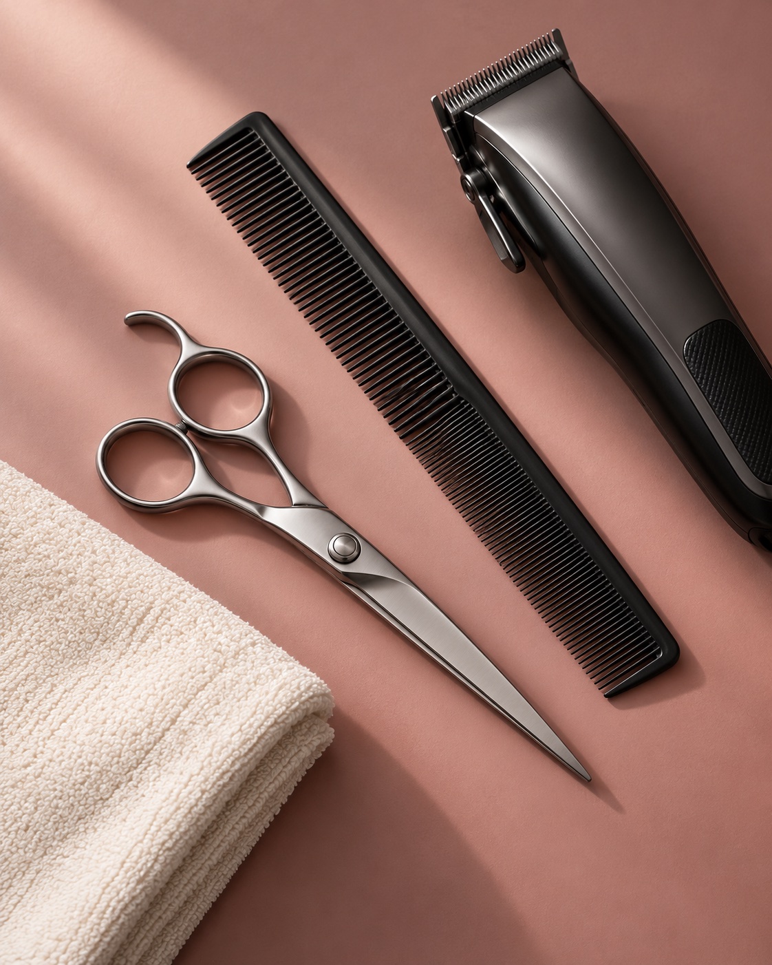 Illustrative still life of shears, a comb, clippers and a towel